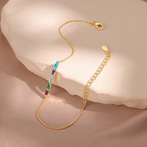 Sterling Silver Personalized 1-6 Birthstone Bracelet for Women Mothers Day Bracelet for Mom Daughter Custom Dainty Jewelry for Christmas Birthday Gift Ideas - style: Gold-5 stones