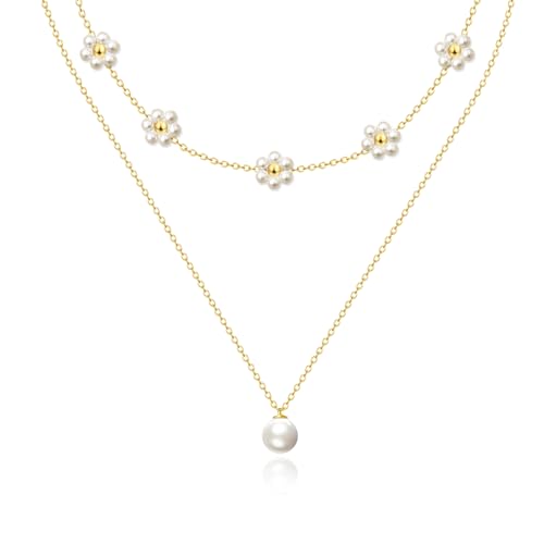 Zeffy Gold Pearl Necklace for Women, Dainty 14K Gold/Silve Plated Layered Pearl Choker Pearl Earrings Pearl Bracelets Wedding Trendy Gold Jewelry Set for Women Gifts - style: Gold Pearl Daisy Necklace-2PCS