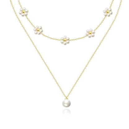 Zeffy Gold Pearl Necklace for Women, Dainty 14K Gold/Silve Plated Layered Pearl Choker Pearl Earrings Pearl Bracelets Wedding Trendy Gold Jewelry Set for Women Gifts - style: Gold Pearl Daisy Necklace-2PCS