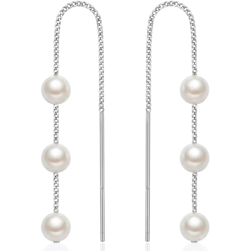 Threader Pearl Earrings for Women - Long Dangle with Simulated Pearls | Plated in Gold Tone or Silver Tone - color: Multi Simulated Pearl - Silver Tone