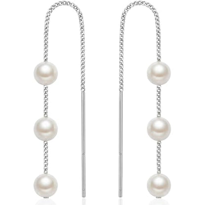 Threader Pearl Earrings for Women - Long Dangle with Simulated Pearls | Plated in Gold Tone or Silver Tone - color: Multi Simulated Pearl - Silver Tone