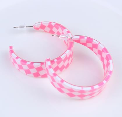 Checkerboard Hoop Earrings Lightweight 70s 80s 90s Transparent Black White Circle Acrylic Geometric Striped Checkered Dangle Drop Earrings Retro Simple Colorful C shaped Earrings for Women - color: black