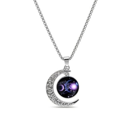 Stainless Steel Mens Necklace 12 Zodiac Moon Galaxy Pendant Necklace,22.8 Inch Stainless Steel Chain, 1.13 Inch Aries/Pisces Celestial Crescent Moon Star Sign Charm Jewelry - style: Libra（9.23-10.23）