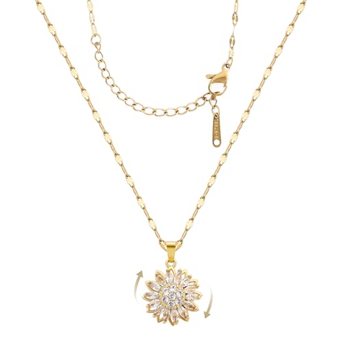 Sunflower Fidget Necklace for Women Gold Moon Necklace Rotating Heart Necklaces Spinning Crystal Flower Anxiety Necklaces Crescent Moons Jewelry Accessories - color: Pink
