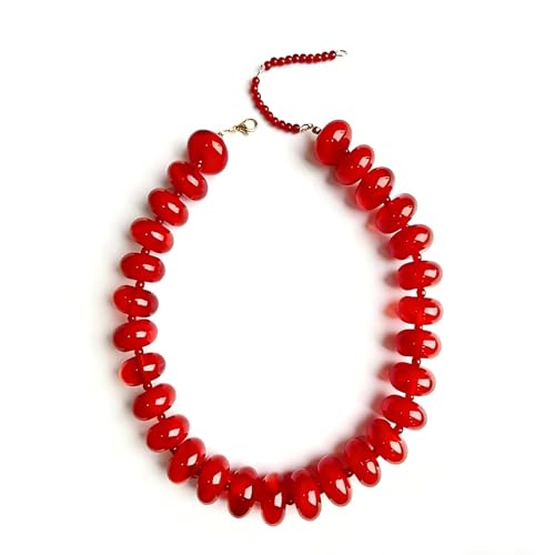 Chunky Beaded Statement Necklace for Women, Colorful Rondelle Bead, Bohemian Style, Adjustable Length, Summer Beach Accessory - color: vibrant red