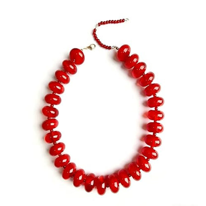 Chunky Beaded Statement Necklace for Women, Colorful Rondelle Bead, Bohemian Style, Adjustable Length, Summer Beach Accessory - color: vibrant red