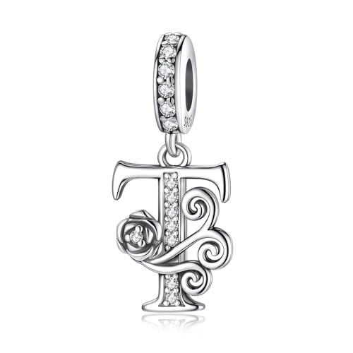 HappyStar 925 Sterling Silver Letter Charms for Bracelets Rose Alphabet Initial Dangle Pendants Fit for Pandora Charms Bracelet Charms Beads Jewelry Gifts for Women - color: Alphabet T