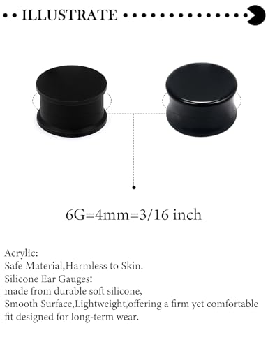 6G-25mm Acrylic and Silicone Black Gauges Tunnels Plugs for Ears Double Flare Gauge Stretching Kit Ear Expander Piercing Jewelry for Women Men - color: 6G=4mm