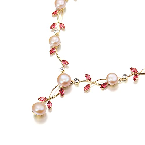 EVER FAITH Cubic Zirconia Pearl Leaf Vine Wedding Jewelry Set for Bride | Crystal Filigree Bridal Necklace Earrings, for Women Bridesmaid - color: 2pcs_Pink Gold-Plated-Brass