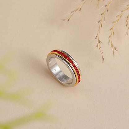 Muses Art Design Fidget Rings, Anxiety Rings, Spinner Rings, Band Rings with Birthstone, Stainless Steel, Women and Men, Meditation Rings, Thumb Rings, Stress Relieving and Anxiety Reducing - color: July - Ruby