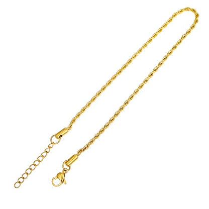 Gold Stainless Steel Anklet Chain for Women Adjustable Ankle Bracelet Fashionable Simple Design, Round mold chain - color: Gold+ Twist chain, size: 22+3cm
