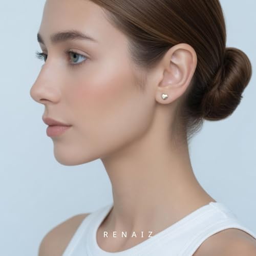 RENAIZ Dainty Lightweight Hoop & Stud Earrings for Women – 14K Gold Plated & Rhodium Plated, Minimalist Geometric Hypoallergenic Jewelry, Tiny Dainty Everyday Studs and Hoops - color: White Gold, style: Heart