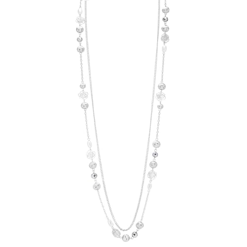 FULU AUTUMN Long Layered Silver Necklaces for Women - Natural Stone and Dainty Flower Beaded Sweater Chain Fashion Jewelry Gifts - color: Silver