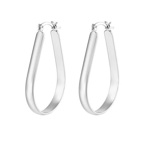 Oval Hoop Earrings 4.8mm Wide Large Chunky Lightweight Big Hoop Earrings 18K Gold Plated Minimalist Jewelry for Women 20/30/40mm - color: Silver-38mm Inner Diameter