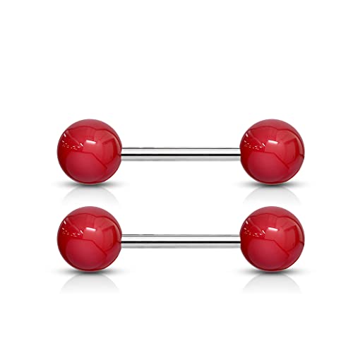 Forbidden Body Jewelry 14 g 16 mm Stainless Steel Nipple or Tongue Ring Barbell Set with Acrylic Balls (Choose Color) - style: Red