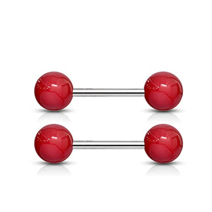 Forbidden Body Jewelry 14 g 16 mm Stainless Steel Nipple or Tongue Ring Barbell Set with Acrylic Balls (Choose Color) - style: Red