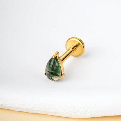 1PC ASTM F136 Titanium Push Pin Moss Agate Stone Flat Back Earrings 16G 8mm for Helix Conch Tragus - color: Waterdrop-18KGP