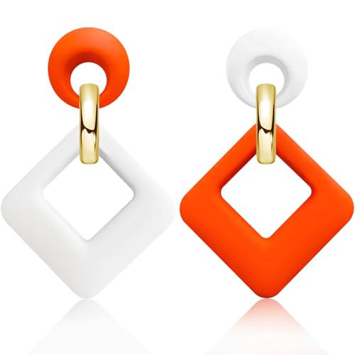 70s 80s Vintage Resin Neon Square Dangle Drop Earrings Simplicity Acrylic Hollow Round Circle Geometry Stud Earrings for Women - style: Orange White