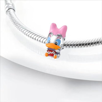 Charm for Bracelets and Necklaces Heart Cat Flower Boy 925 Sterling Silver Bead Birthday Jewelry Gift for Women - color: Pink Duck Charm