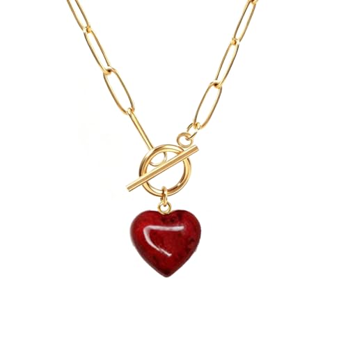 Teardrop CZ Pendant Paperclip Chain Necklace 18K Plated Paperclip Toggle Necklace Jewelry Birthstone Gift for Women - color: Red patterned