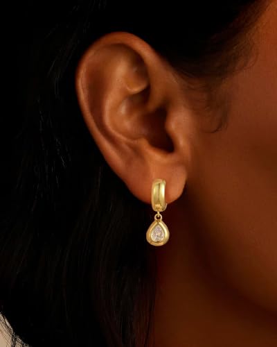 Gold Chunky Dangle Earrings for Women, Bezel Set Cubic Zirconia Charm | 14K Gold Silver Plated, Statement Huggie Hoops Drop Earrings, Trendy Jewelry Gifts, High Grade CZ, Hypoallergenic Lightweight - color: GD-Teardrop CZ Hoop
