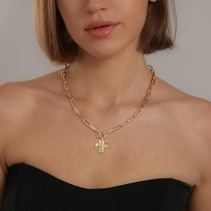 Bheop Chunky Cross Necklace for Women, 14K Gold Silver Statement Necklace | Sturdy Paperclip Chain, Hammered Pendant, Vintage Charm, Trendy Costume Jewelry, Faith Christian Religious Gift, Non Tarnish - style: GD-Toggle Necklace(0.8 inch Pendant)