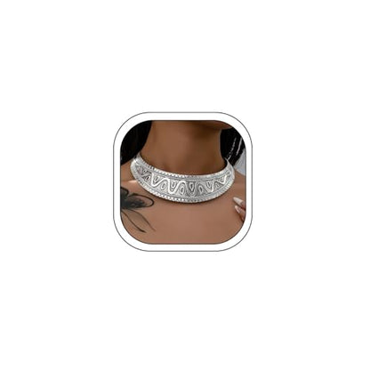 Chunky Gold Necklace Big Statement Chunky Necklace for Women African Tribe Wide Metal Choker Necklaces Jewelry - color: 09 Silver