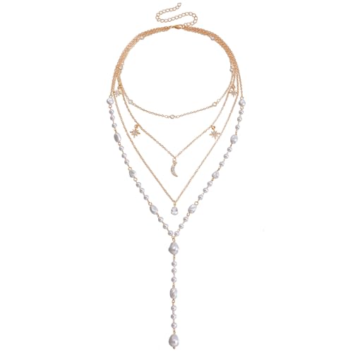 Layered Gold Pearl Lariat Necklace for Women Multi Strand Y Chain with Moon Star Charms Adjustable Statement Fashion Jewelry for Party Wedding Gift