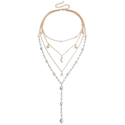Layered Gold Pearl Lariat Necklace for Women Multi Strand Y Chain with Moon Star Charms Adjustable Statement Fashion Jewelry for Party Wedding Gift