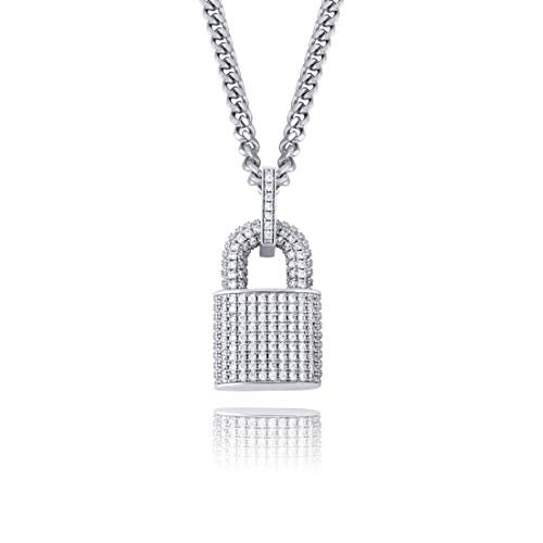 TOPGRILLZ 14K Gold Plated Iced out Lock Pendant Necklace for Women and Men Punk Rock Aesthetic Chains Padlock Necklace - color: White Gold