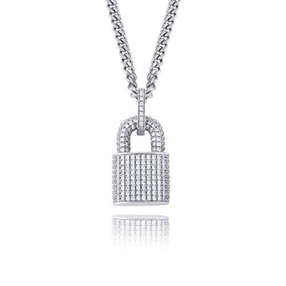 TOPGRILLZ 14K Gold Plated Iced out Lock Pendant Necklace for Women and Men Punk Rock Aesthetic Chains Padlock Necklace - color: White Gold