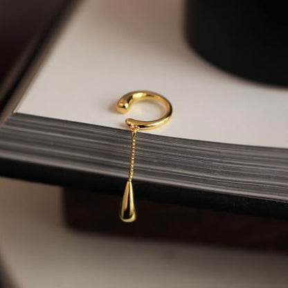 18K Gold Plated Teardrop Dangle Ear Cuff Earrings – Statement Elegant Non-Pierced Drop Design for Women – Minimalist Gold Ear Wrap Jewelry