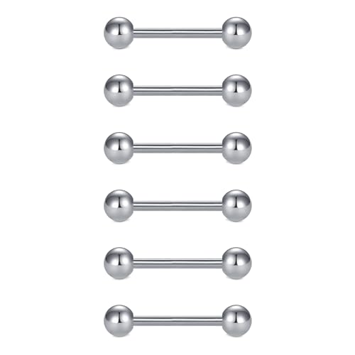 VCMART 12mm-18mm 14G Tongue Rings Nipple Straight Barbells Surgical Steel Body Piercing Jewelry - style: Style D -6pcs, silver