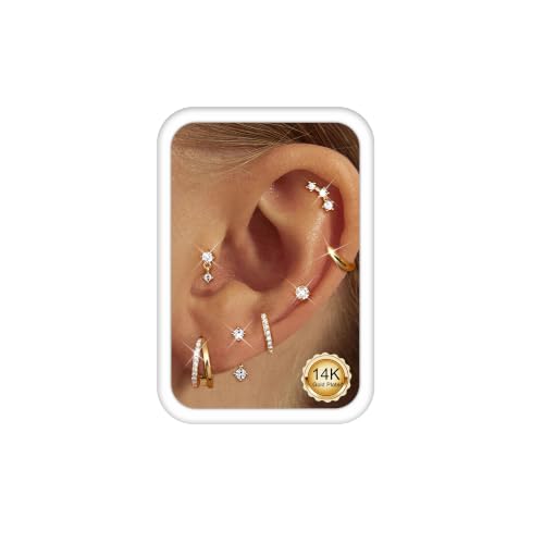 ADRAMATA Hypoallergenic Gold Earrings Stack for Women - 7Pairs Surgical Steel Small Chunky Huggie Hoops & Flat Back Stud Earrings Set Silver Cartilage Jewelry Trendy Christmas Gifts - style: Stylish - Gold