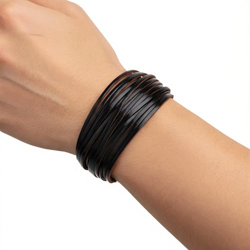 Edoneery Leather Wrap Bracelets for Women, Boho Layered Cuff Bangle | Multi-layer Leather Cuff, Daily wear, Stackable Bangle, Easy on-off, Western Jewelry Gifts for Women - color: Black-4