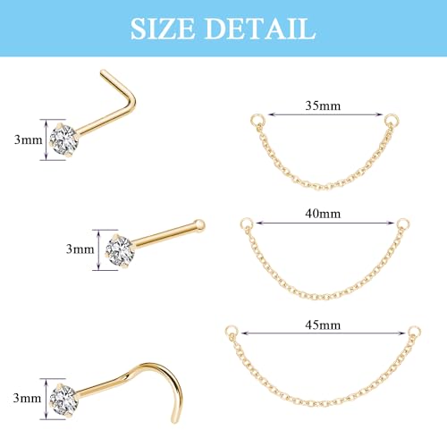 Nose Ring Chain Across Nose Black Stainless Steel Nostril Nose Piercing Chain with Cubic Zirconia Nose Screw Bone L-Shaped Ring for Women Body Piercing Nostril Jewelry with Bridge Chain - color: Gold-Single Nose Chain Studs