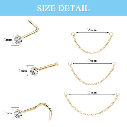 Nose Ring Chain Across Nose Black Stainless Steel Nostril Nose Piercing Chain with Cubic Zirconia Nose Screw Bone L-Shaped Ring for Women Body Piercing Nostril Jewelry with Bridge Chain - color: Gold-Single Nose Chain Studs