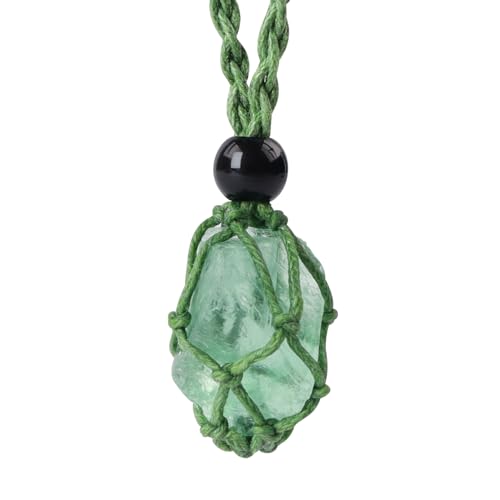 Handwoven Natural Gemstone Crystal Cage Pendant Necklace, Crystal Necklaces for Women Stone Holder Necklace Cord - color: Green Fluorite