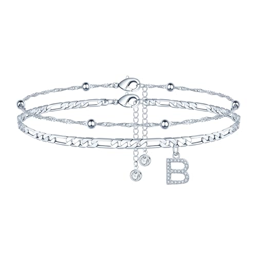Ankle Bracelets for Women, 14K Gold Plated Dainty Layered Chain CZ Initial Anklets Summer Jewelry Gifts for Women - style: B-Silver