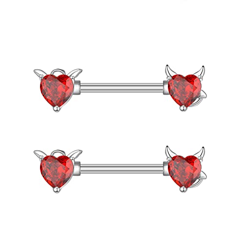 HQLA 14G Dainty CZ Love Heart Nipple Rings Tongue Ring Surgical Steel Nipple rings Piercing Women Barbells 2Pcs 25/8"(16mm) - style: Red Devil Heart