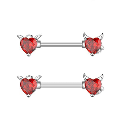 HQLA 14G Dainty CZ Love Heart Nipple Rings Tongue Ring Surgical Steel Nipple rings Piercing Women Barbells 2Pcs 25/8"(16mm) - style: Red Devil Heart