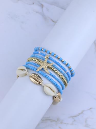 Bohemian Starfish Bracelets for Women - Adjustable Stackable Beach Bracelets, Handmade Stretchy Beaded Summer Jewelry, Perfect for Surf & Waterproof Fun - color: Blue