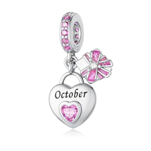 925 Sterling Silver Birthstone Bracelet Charm - Unique Heart Shaped Design, Fits most Europe Pandora Bracelets and Necklaces, women's DIY holiday Gifts - style: J-October
