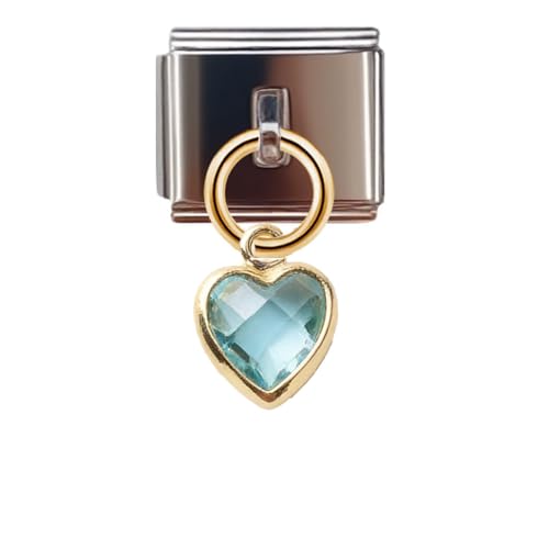Birthstone Heart Dangle Charm for 9mm Italian Charm Bracelet, Stainless Steel with Birth Stone, Birthday Gift - color: March
