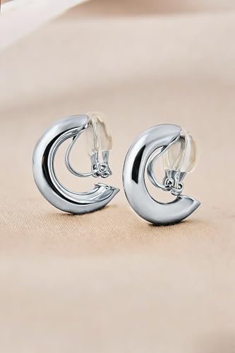 FAN&LOUIS Gold Clip On Hoop Earrings,Gold Silver Chunky Small Open Hoops Clip-On Earrings for Women Trendy Non-Pierced Ears Lightweight Teen - style: Silver