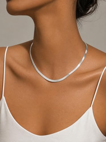 14K Gold/Silver Plated Stainless Steel Herringbone Necklace for Women, Dainty Snake Chain Choker, Trendy Simple Long Layered Jewelry, Non Tarnish 4mm Flexible Flat Necklace, Made in Italy - color: S-20