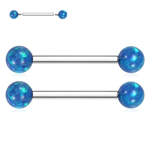 FUNLMO 1 Pair Nipple Piercing Jewelry Titanium Nipple Rings Internally Threaded Tongue Rings Bridge Piercing Jewelry Opal Nipple Barbells - color: Silver, Blue Opal Ball