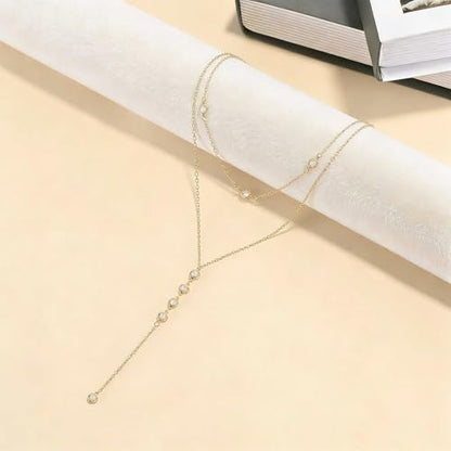 Necklace for Women, Dainty Long 14K Gold Y-Shaped Necklace Jewelry Trendy Beaded Layered Chain Drop Necklaces Jewelry Women Gifts - style: Double Layered-Necklace