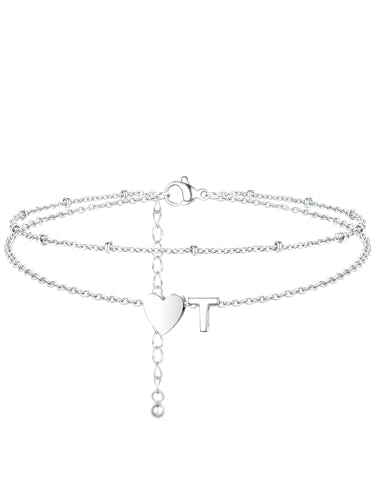 Ankle Bracelets for Women Waterproof 14K Gold/Silver/Black Initial Anklet for Women Dainty Layered Heart Ankle Bracelets Stainless Steel Adjustable Foot Chain Anklet Summer Beach Jewelry - color: T-Silver
