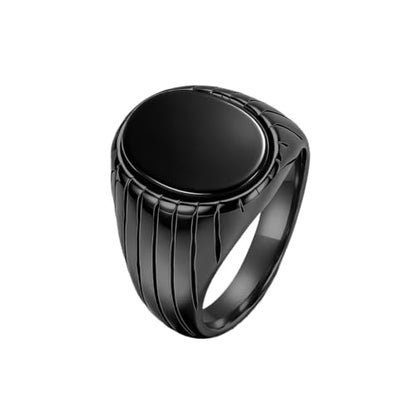 Oval Zircon Men's Grooved Signet | Retro Chunky Stainless Steel Geometric Band, Cool Industrial Statement Jewelry for Him, Biker Fashion Accessory - color: Round Black